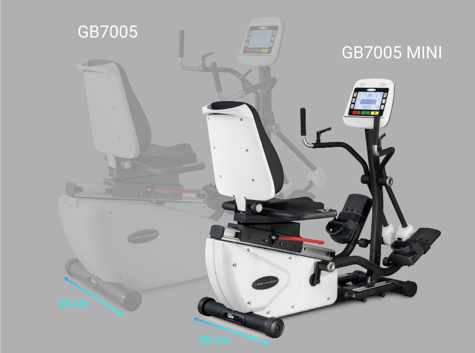 ＜img src="https://bodychargerfitness.com/wp-content/uploads/2021/06/Product-GB7006-Feature-V4-2.jpg" alt=" Mini recumbent cross trainer, compact recumbent elliptical, compact cross trainer, small size recumbent cross trainer, commercial use rehabilitation, cardiac rehab, senior exercise, physical therapy fitness equipment."＞