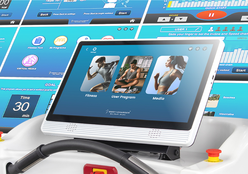 ＜img src="https://bodychargerfitness.com/wp-content/uploads/2021/07/Product-GB6800-Feature-V1-1.jpg" alt="Rehabilitation treadmill console display, commercial use physio treadmill, for rehabilitation, cardiac rehab, senior exercise, physical therapy fitness equipment."＞